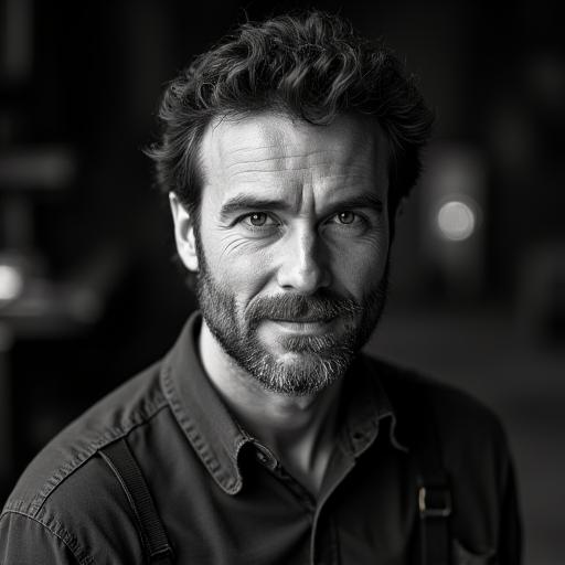 Portrait en noir et blanc d'Antoine Dubois, le maître forgeron, son visage marqué par le travail, une lueur d'étincelles en arrière-plan.