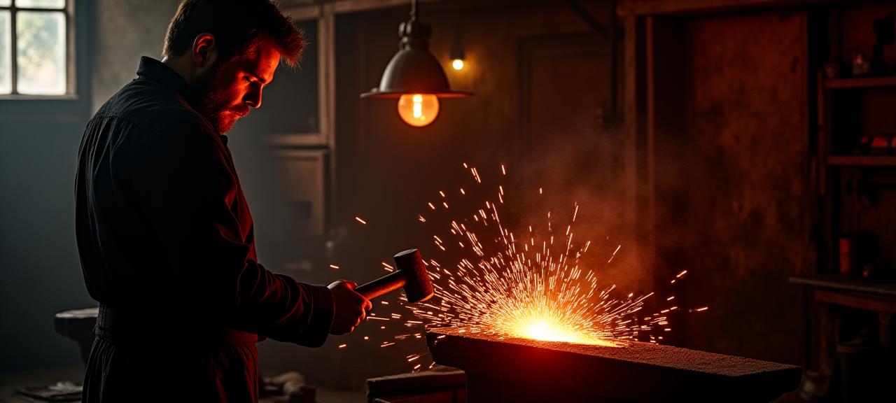Artisan forgeron au travail dans l'atelier, des étincelles volent de l'enclume.