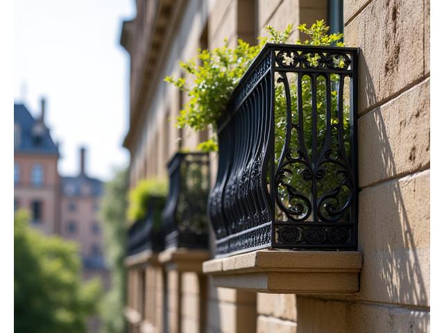 Grille de balcon artisanale avec détails floraux