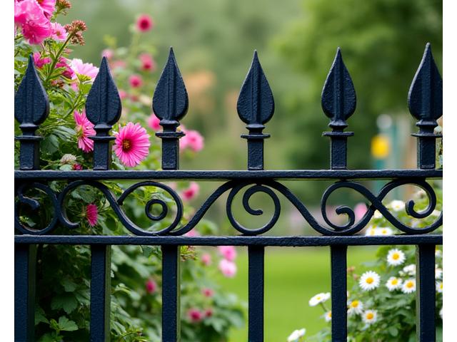 Clôture de jardin en fer forgé avec motifs floraux