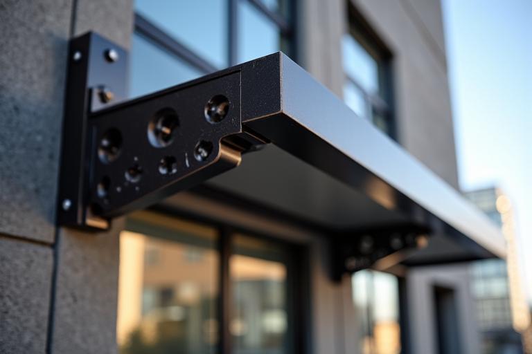 Détail élégant d'un élément architectural en métal forgé, intégrant la structure d'un bâtiment moderne