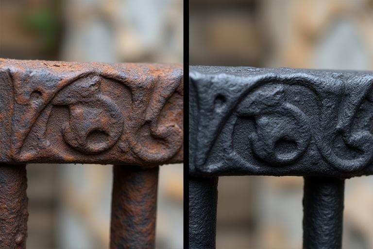 Gros plan sur une pièce de ferronnerie ancienne, partiellement restaurée, montrant la différence entre l'avant et l'après