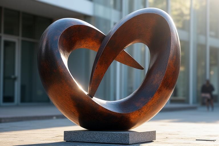 Sculpture métallique abstraite et contemporaine, reflétant la lumière de manière dramatique